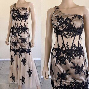 Vintage 90s romantic lace tan & black prom cocktail wedding formal maxi dress